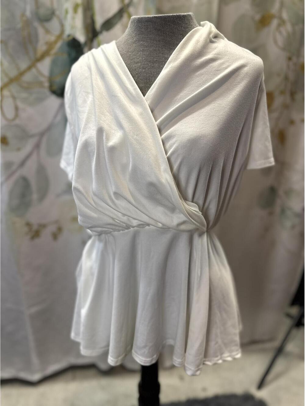 White Short Sleeve Wrap Front Peplum Top
